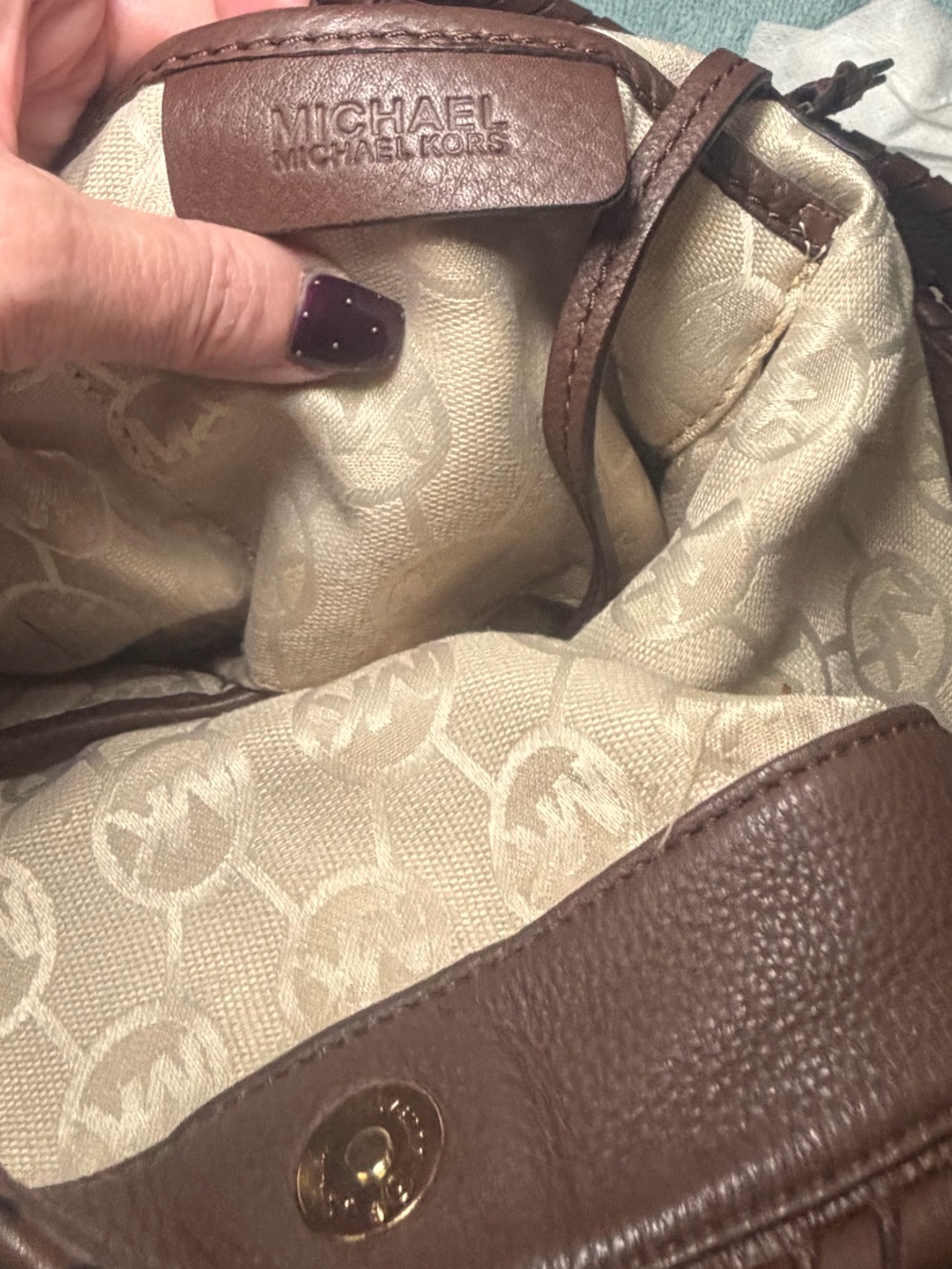 Michael Michael Kors Gold Metallic Canvas Hobo Bag Brown Whipstitch Leather Trim - Picture 10 of 14